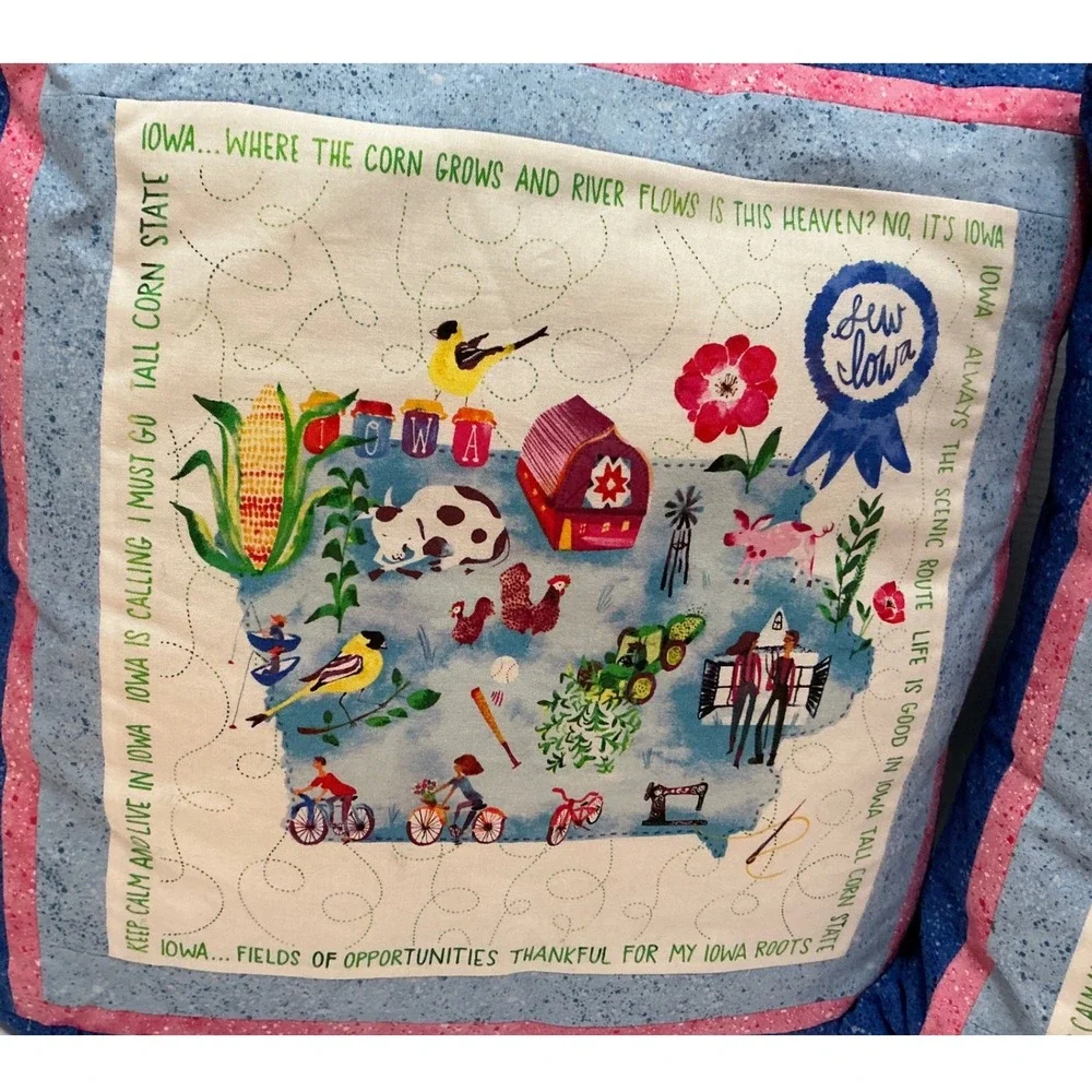 Vintage Iowa State Map Quilted Throw Pillows Set of 2 Blue Pink 16x16